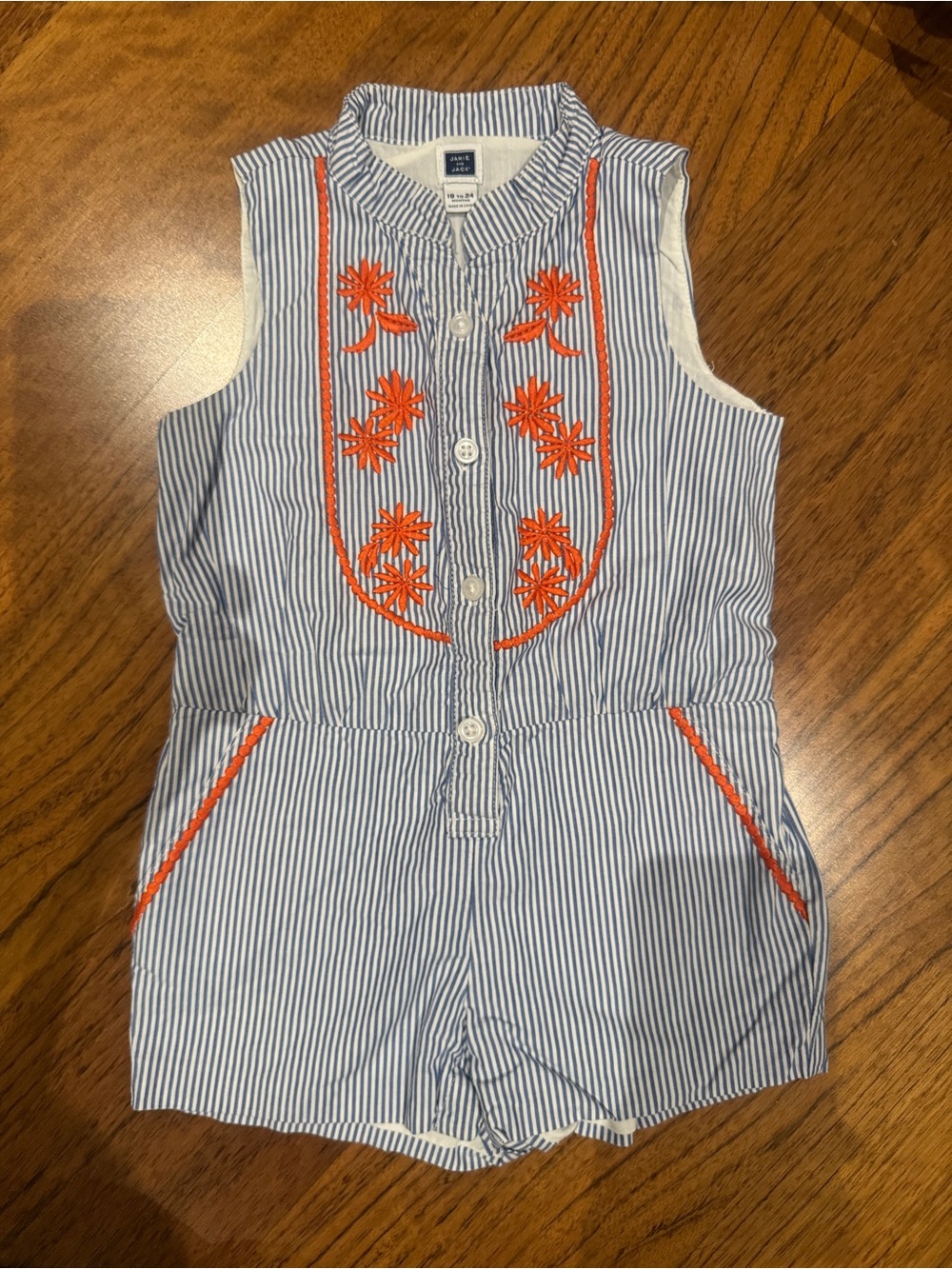 Janie and Jack Blue & White Striped Top with Bright Orange Floral Embroidery
